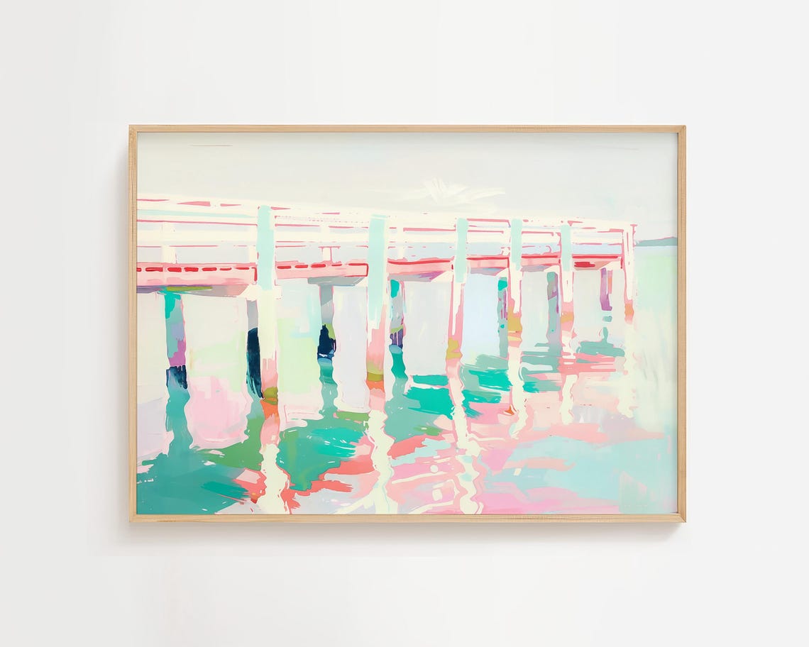 Pastel Ocean Pier Water Reflection Pink Teal Watercolor Poster