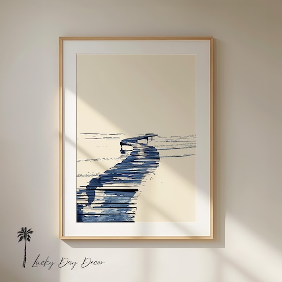 Calm Winding Boardwalk Beach Blue Brushstroke Minimalist Poster