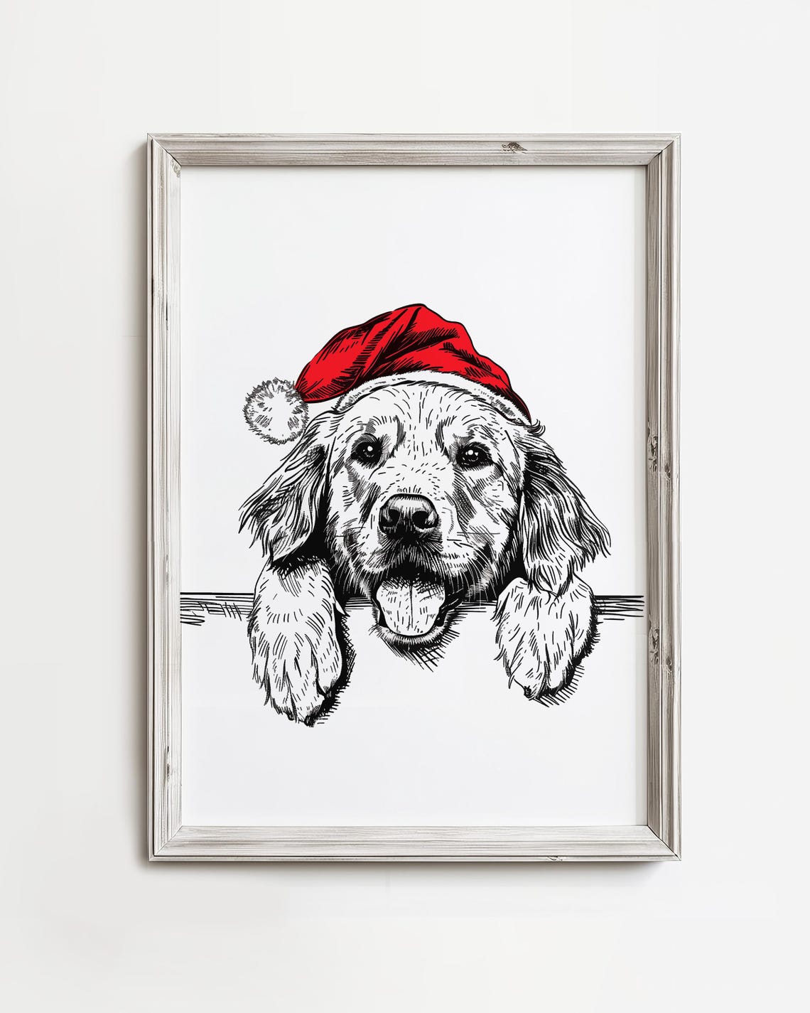 Cute Golden Retriever Puppy in Santa Hat Sketch Christmas Art Poster