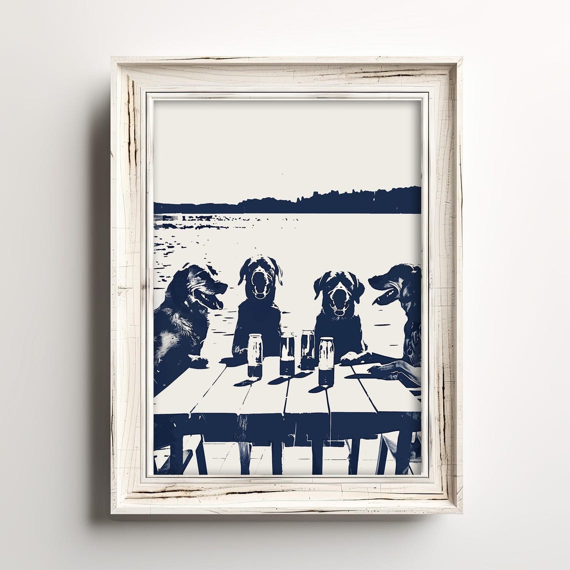 Four Dogs Drinking Beer At Picnic Table Funny Lake Dog Art Poster