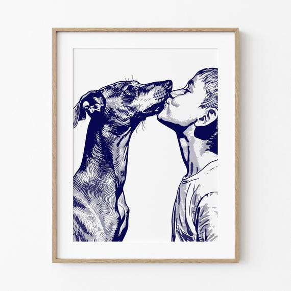 Boy Kisses Italian Greyhound Cute Happy Coastal Dog Summertime Beach Cottage Decor Nursery Home Wall Art Blue Sketch