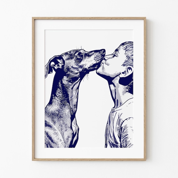 Boy Kissing Italian Greyhound Sweet Moment Navy Screenprint Poster
