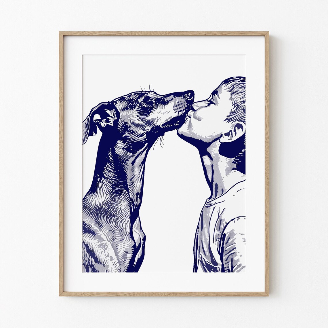 Boy Kissing Italian Greyhound Sweet Moment Navy Screenprint Poster