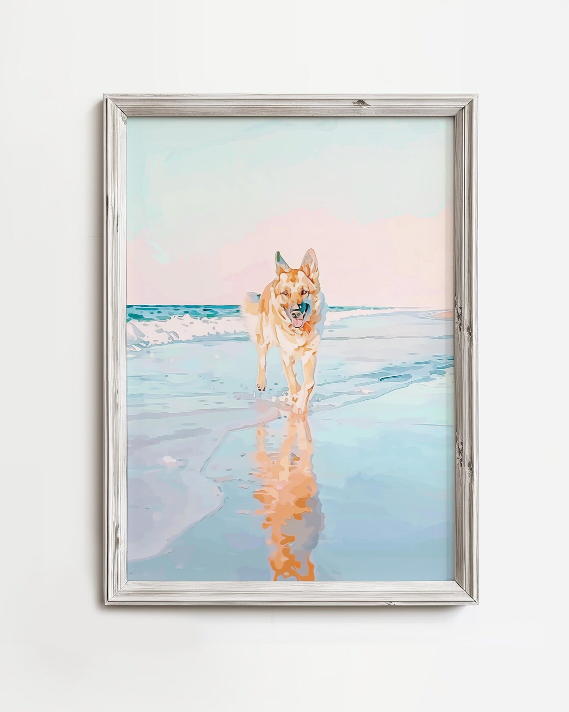 Smiling German Shepherd Beach Watercolor Art Print