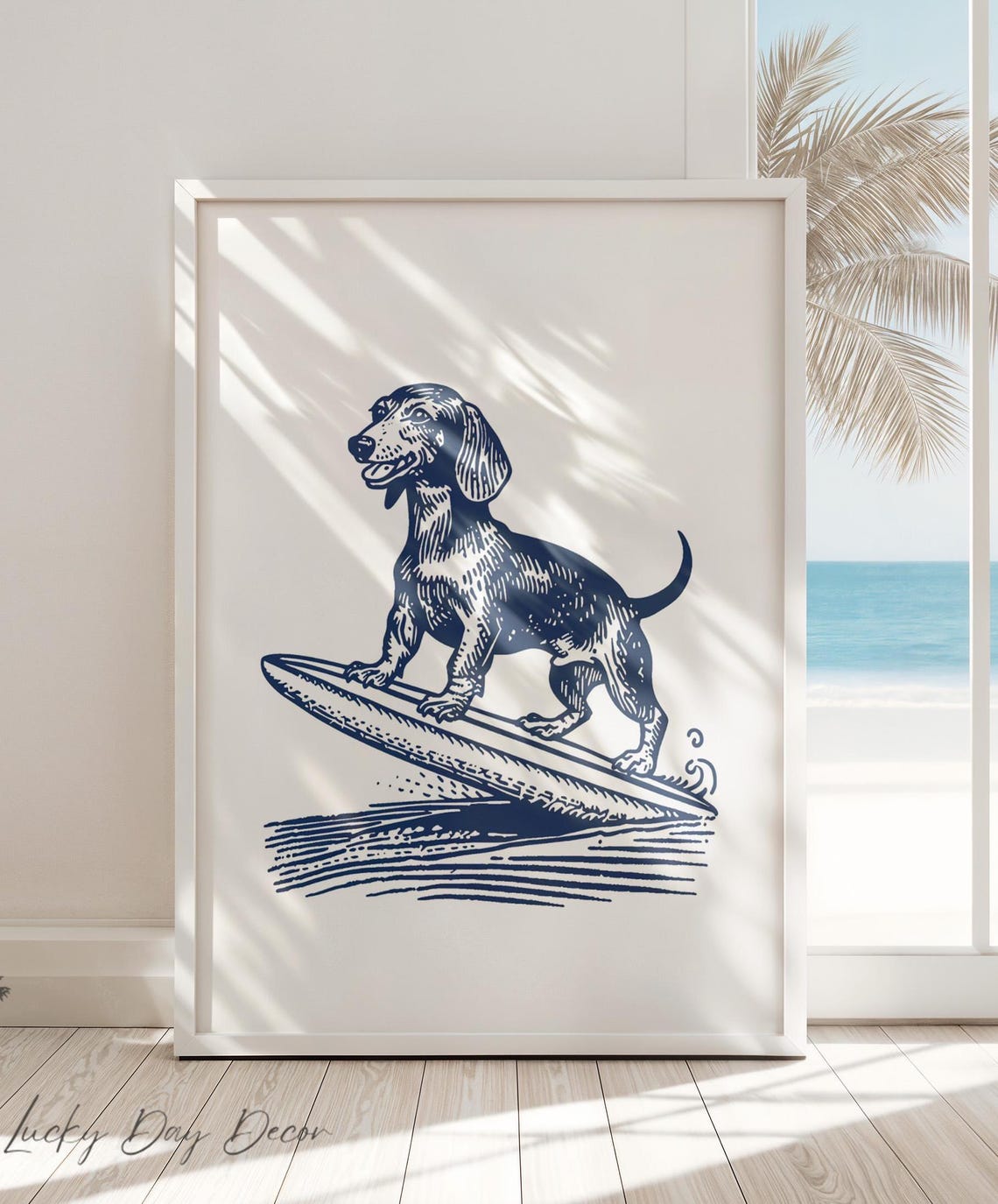 Happy Dachshund Surfing Waves Navy Line Art Coastal Beach Dog Poster