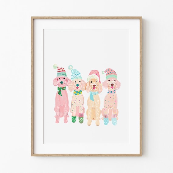 Four Doodle Dogs in Winter Hats Scarves Christmas Pink Holiday Art Print