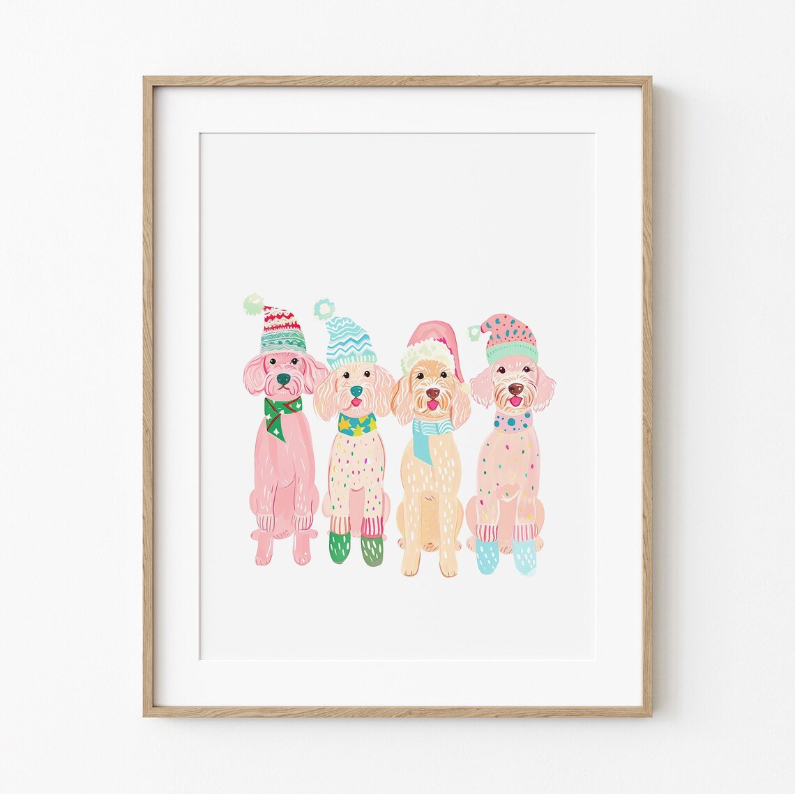 Four Doodle Dogs in Winter Hats Scarves Christmas Pink Holiday Art Print