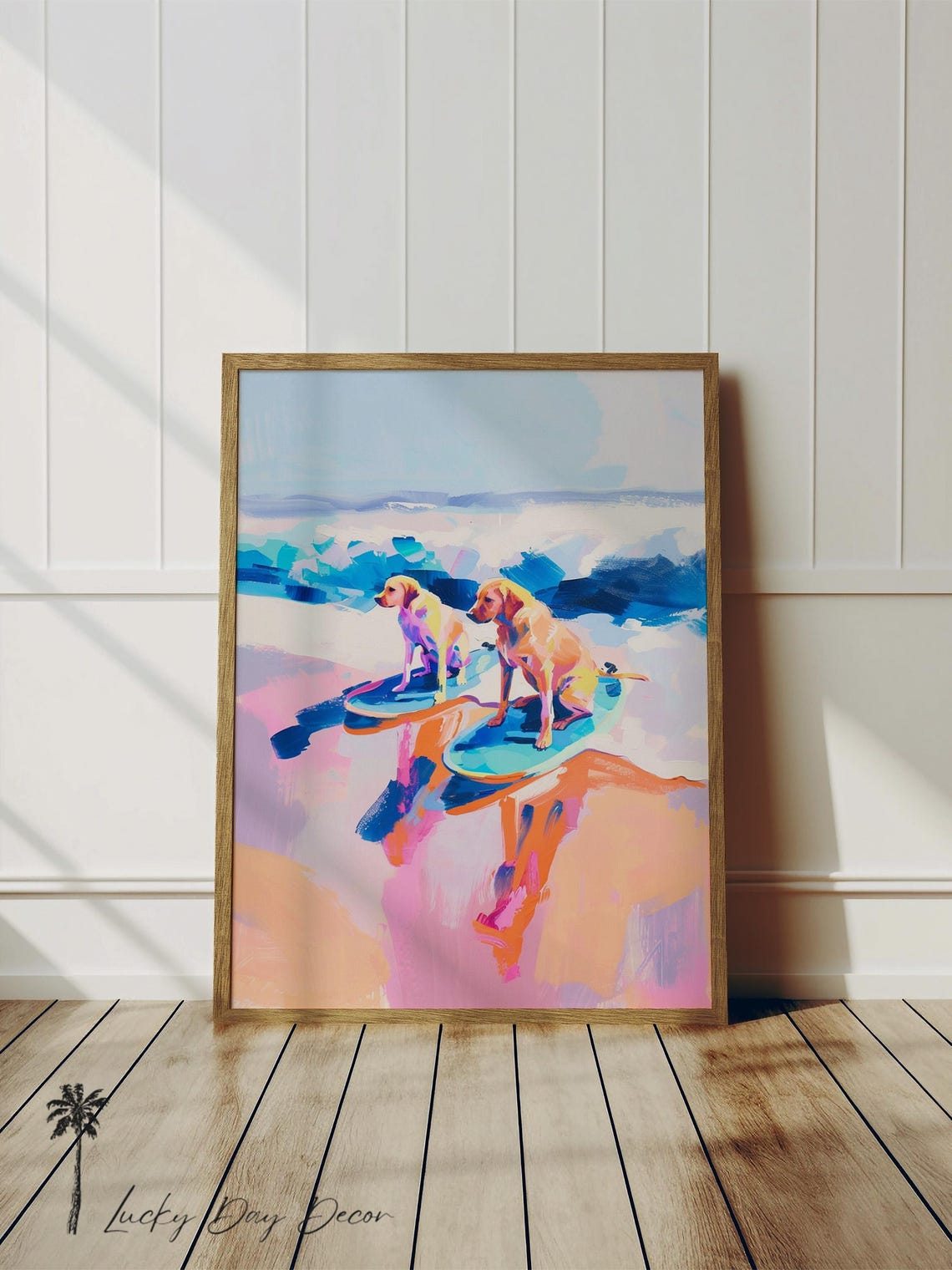 Colorful Yellow Labs Surfing Waves Art Happy Dogs Pastel Painting Bright Watercolor Dog Lover Print Cute Girls Wall