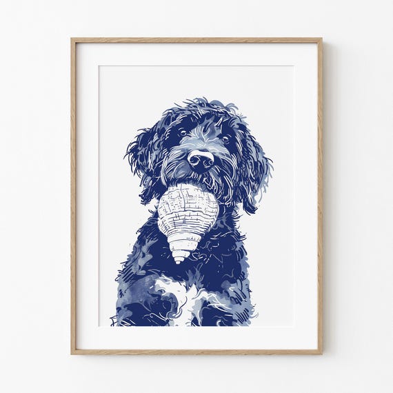Doodle Retrieves Shell Delightful Coastal Dog Art Happy Beach Sea Shelling Lake Cottage Water Decor Minimalist Blue Sketch Print