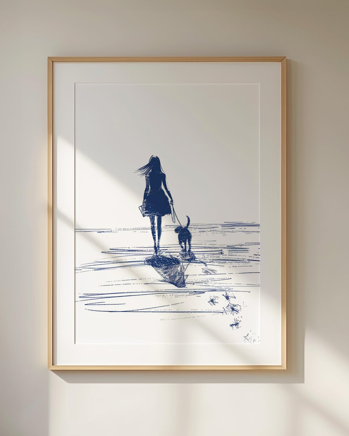 Girls Beach Walk Dog Art, Coastal Sketch Print