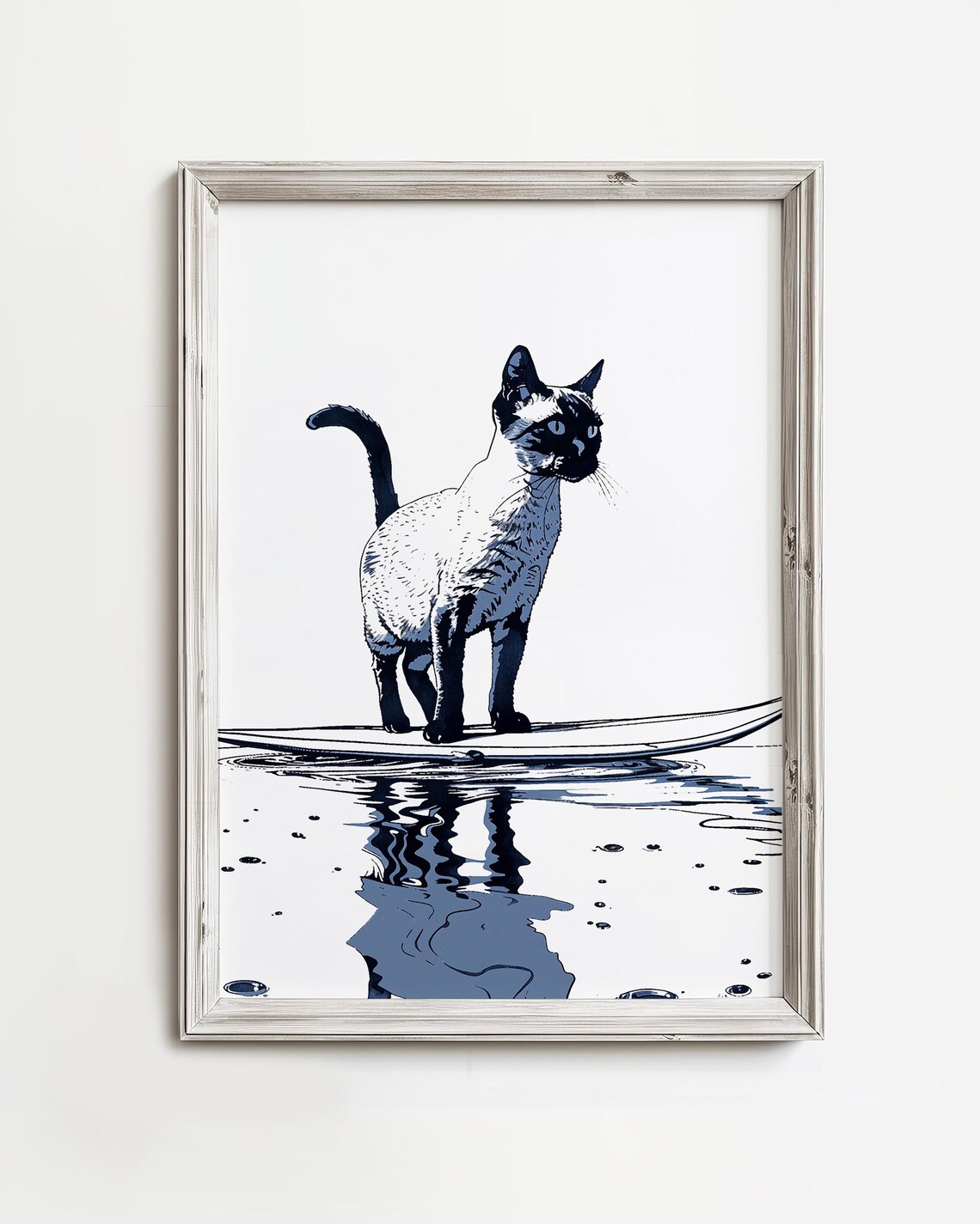 Siamese Cat Surfing Blue Ink Sketch Ocean Reflection Coastal Cat Poster