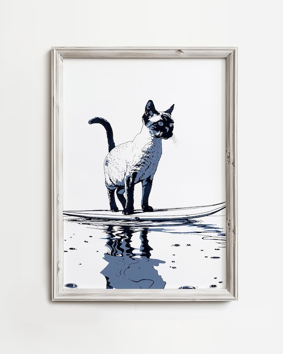 Siamese Cat Surfing Blue Ink Sketch Ocean Reflection Coastal Cat Poster
