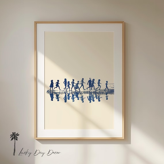 Children Run on Beach - Minimalist Nursery Decor Art Print