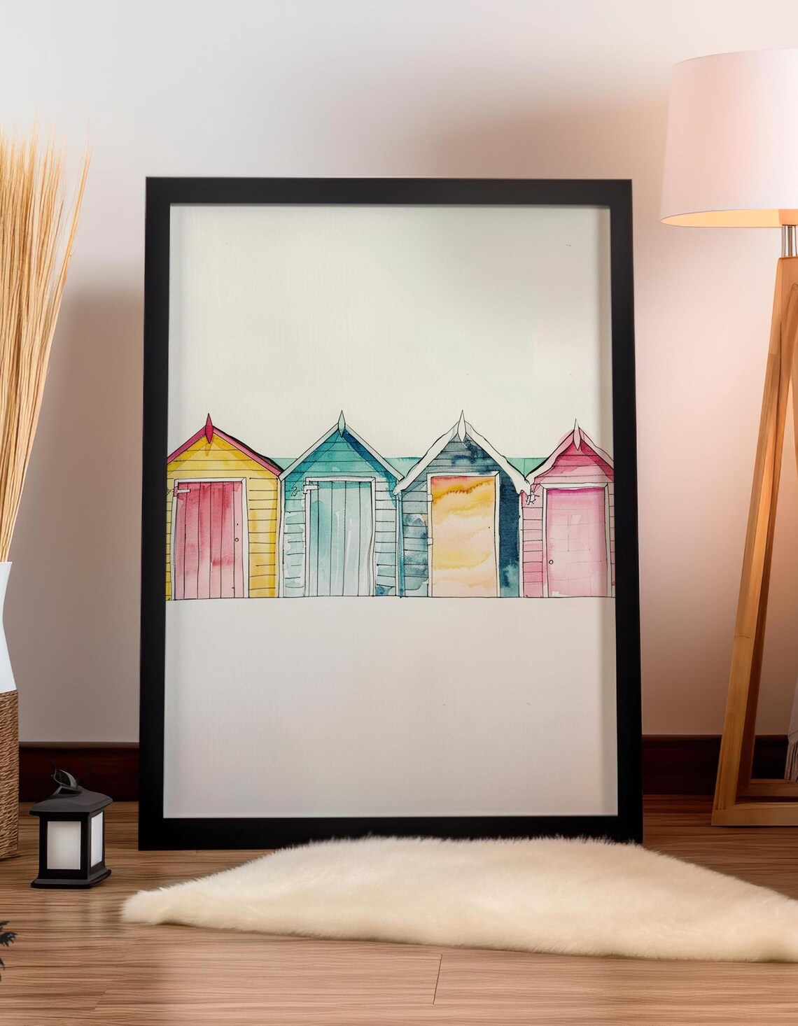 Four Coastal Huts Beach Sketch Art, Nautical Print