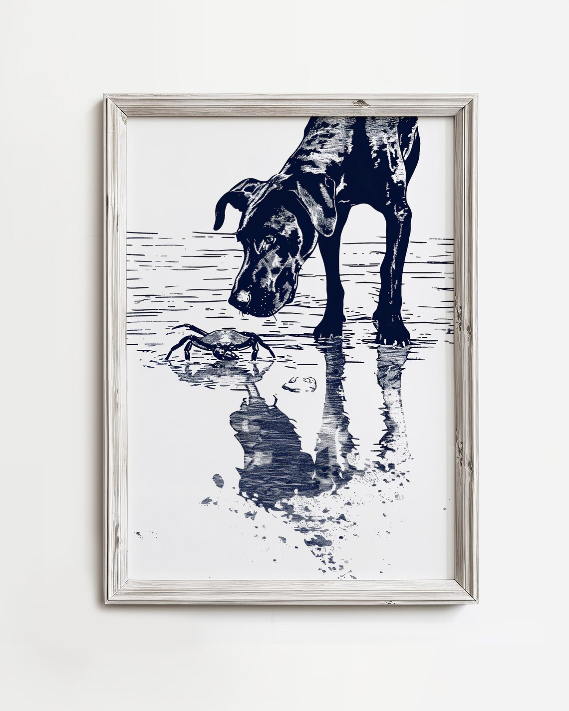 Great Dane Finds Crab Happy Nautical Art Print