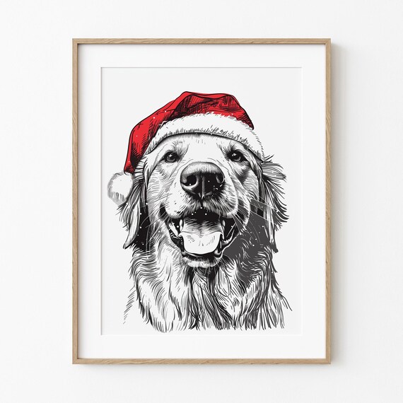 Golden Retriever Wearing Santa Hat Smiling Christmas Dog Poster