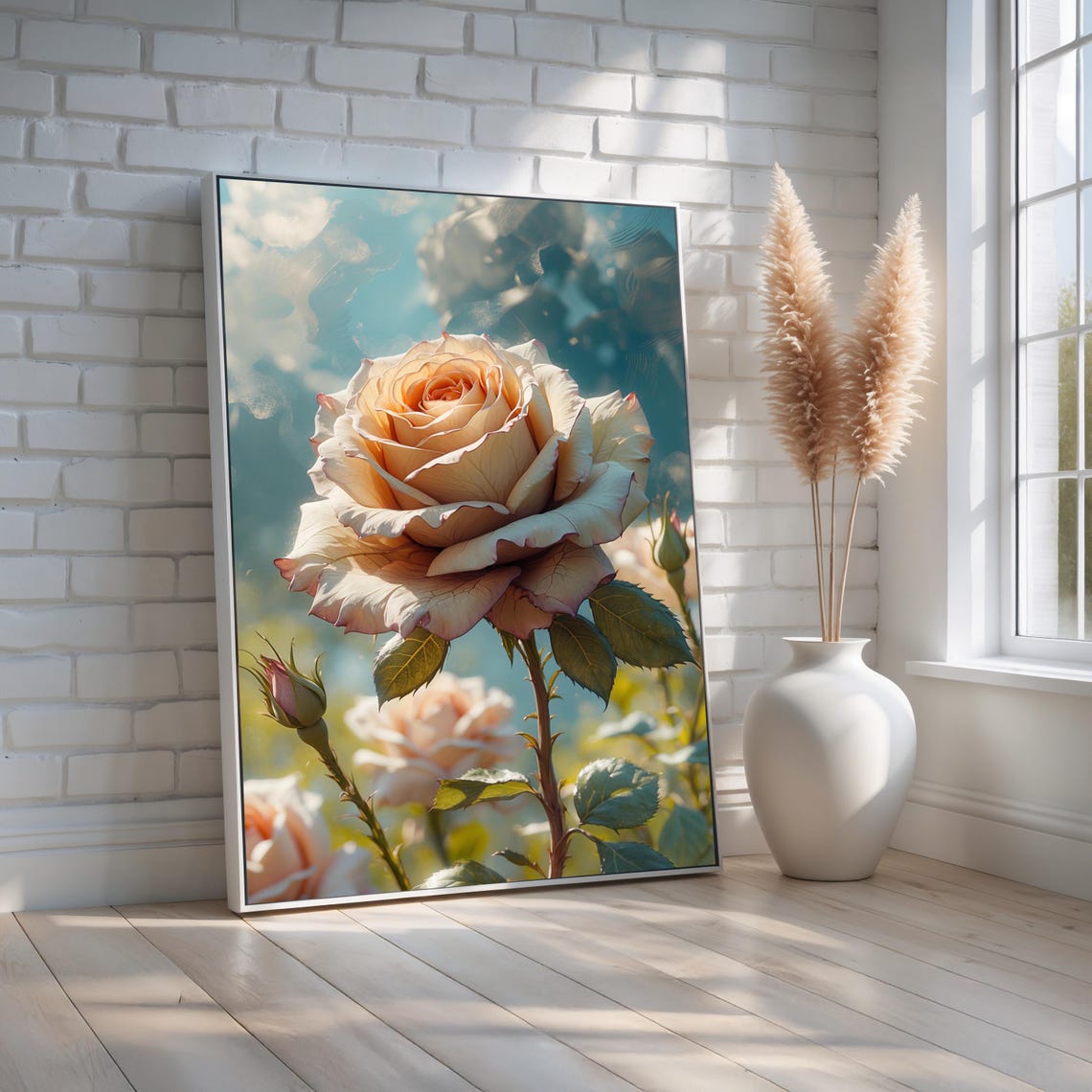 Peach Rose Bloom Close Up Watercolor Floral Elegant Garden Wall Art