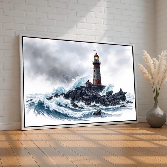Stormy Lighthouse Wall Art Ocean Wave Canvas Print Coastal Nautical Decor Dramatic Seascape Poster Strength Symbol Ready To Hang