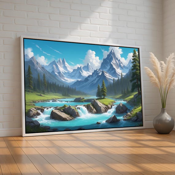 Mountain River Landscape Wall Art Scenic Waterfall Painting For Cabin Lodge Living Room Nature Decor Canvas Poster