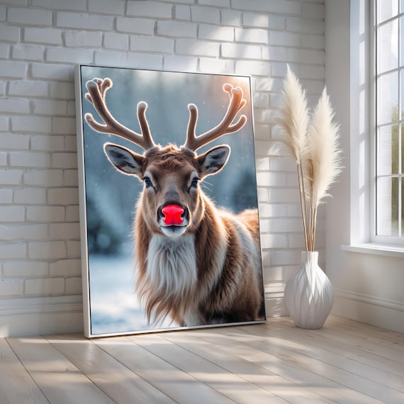 Red Nosed Reindeer Christmas Winter Forest Photography Poster