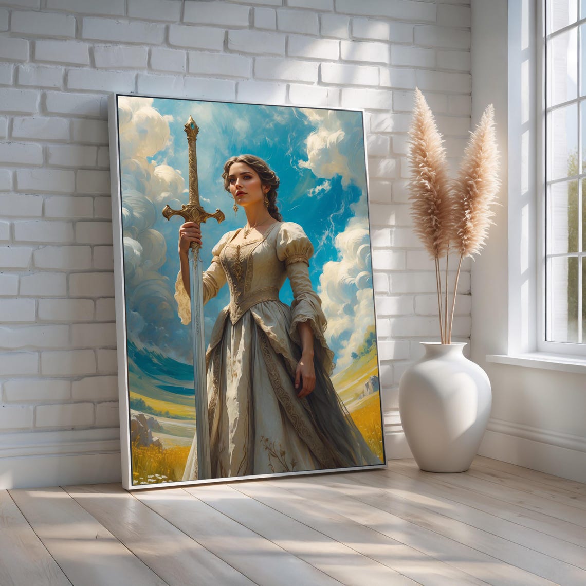 Warrior Woman Golden Sword Fantasy Regal Princess Art Wall Print