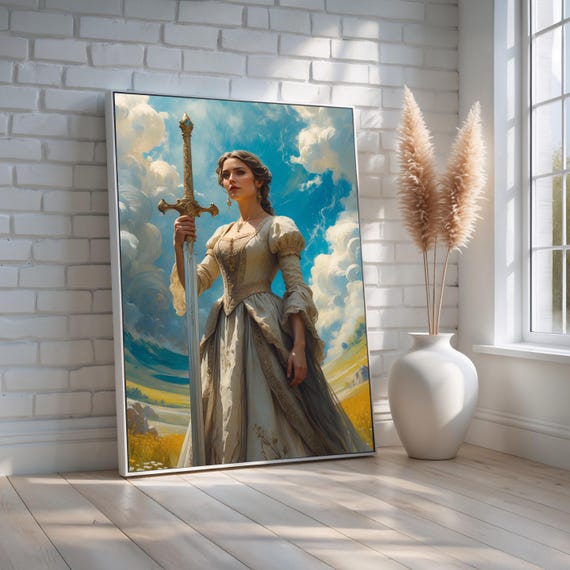 Warrior Princess With Sword Canvas Wall Art Regal Woman In Vintage Gown Under Dramatic Sky Feminine Strength Fantasy Decor Ready To Hang