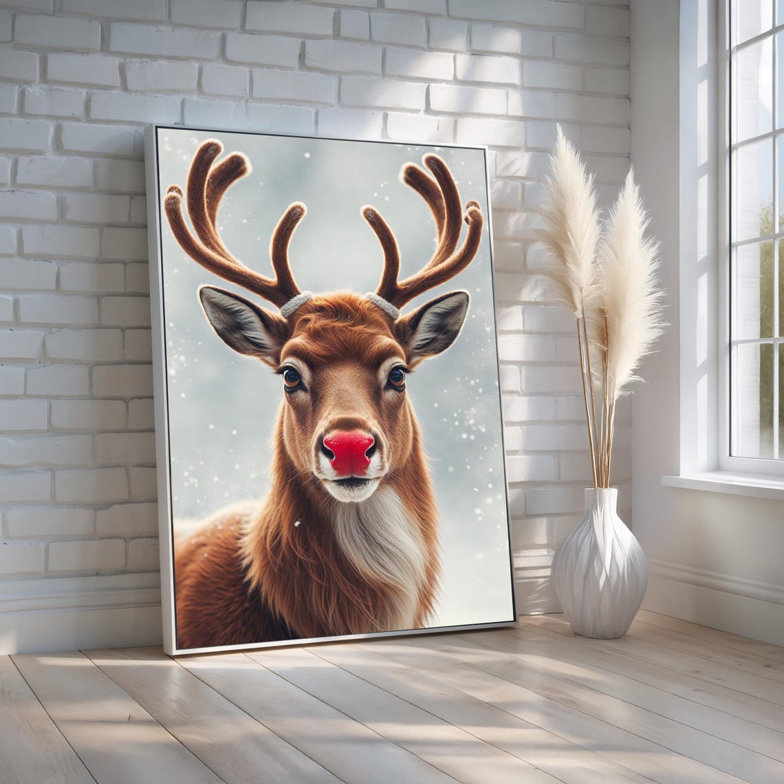Rudolph Red Nosed Reindeer Snowy Winter Portrait Cute Christmas Poster