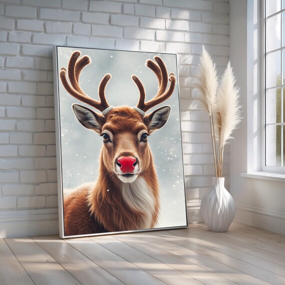 Rudolph Red Nosed Reindeer Snowy Winter Portrait Cute Christmas Poster
