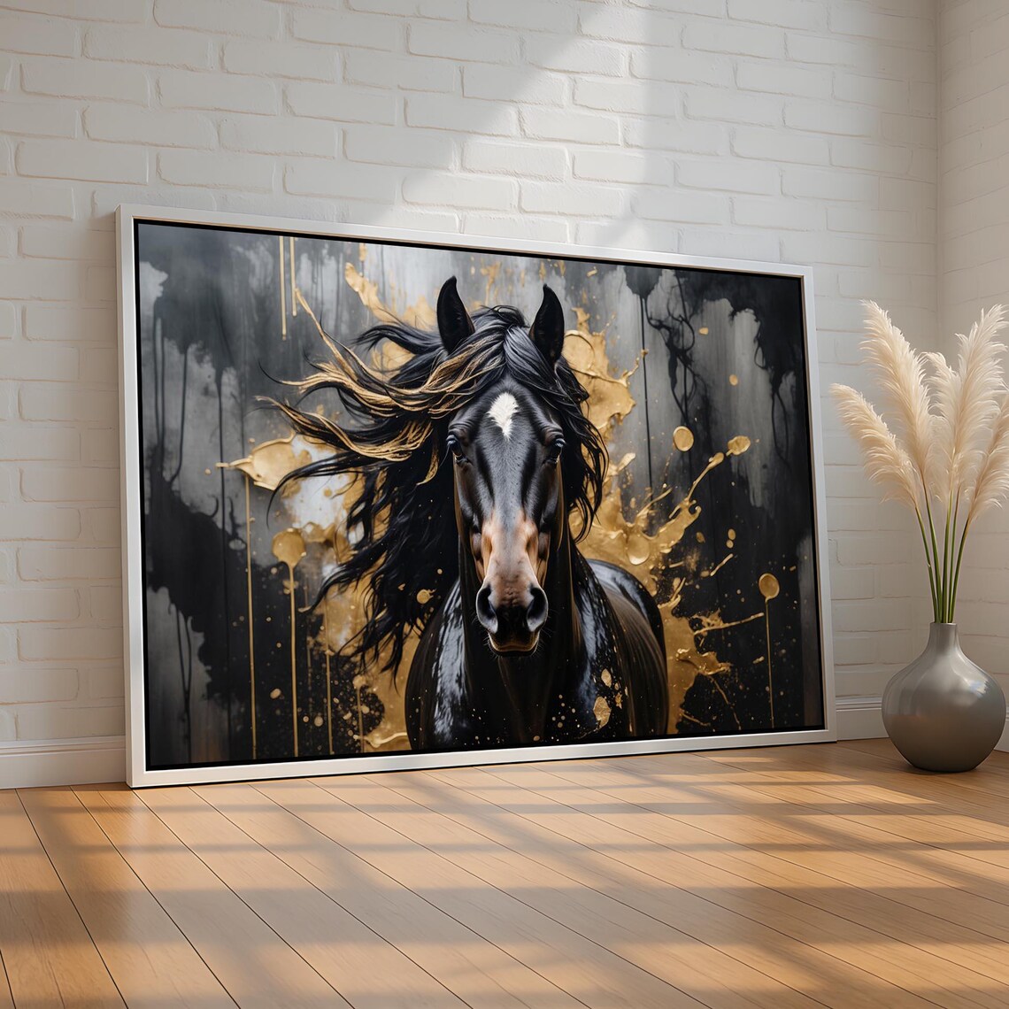 Black Horse Gold Splash Dramatic Equine Portrait Modern Animal Poster