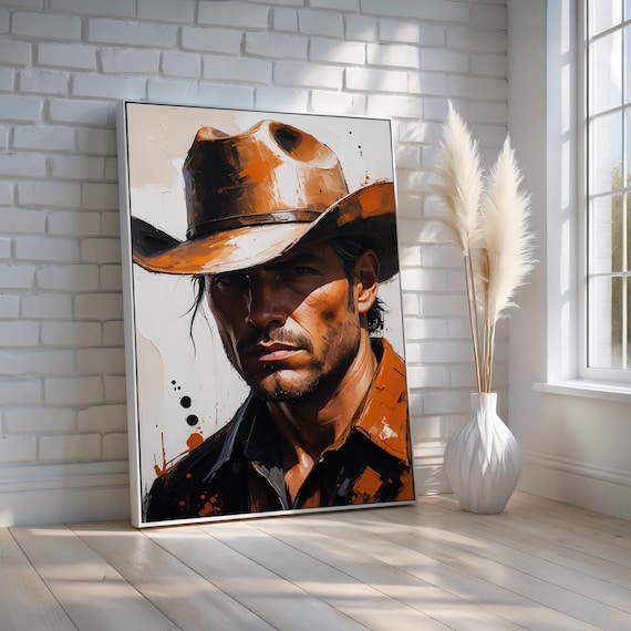 Rugged Cowboy Portrait Weathered Hat Warm Tones Western Painting Wall Art