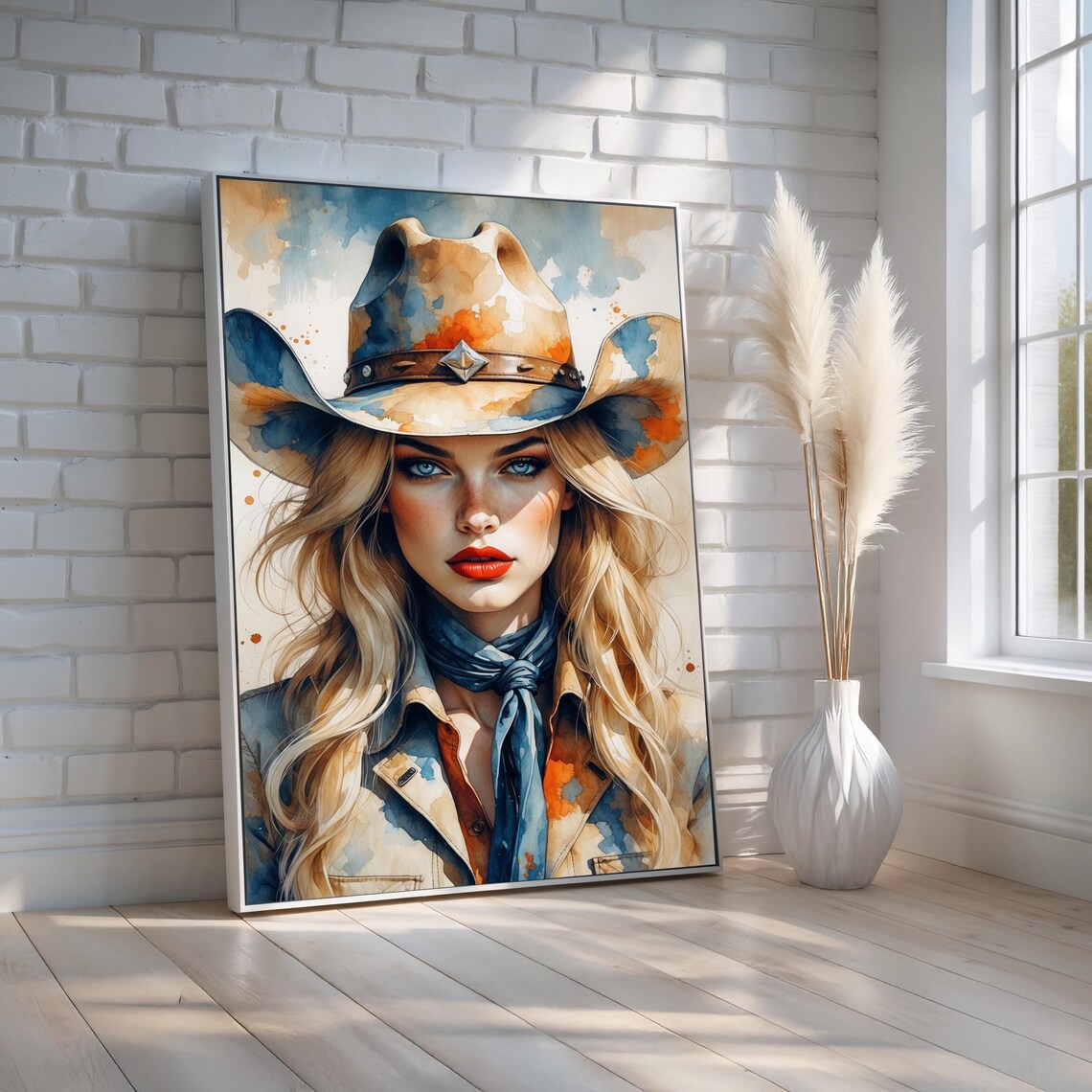 Blonde Cowgirl Portrait Watercolor Painting Western Hat Scarf Wall Art