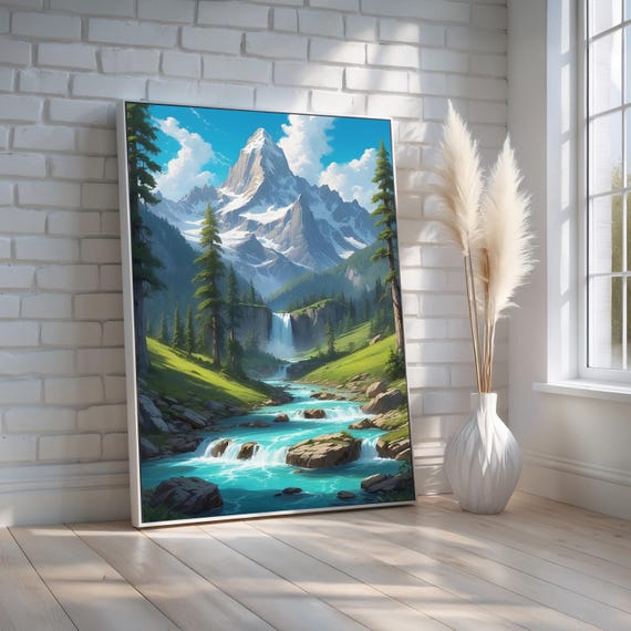 Majestic Mountain Waterfall Wall Art Nature Landscape Canvas Poster Turquoise River Forest Scene For Cabin Or Home Ready To Hang