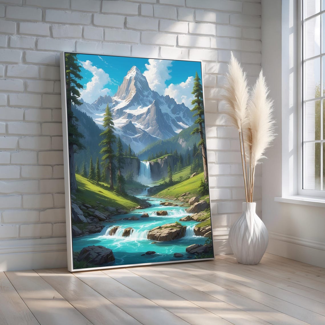 Snowy Mountain Waterfall Turquoise River Landscape Art Poster