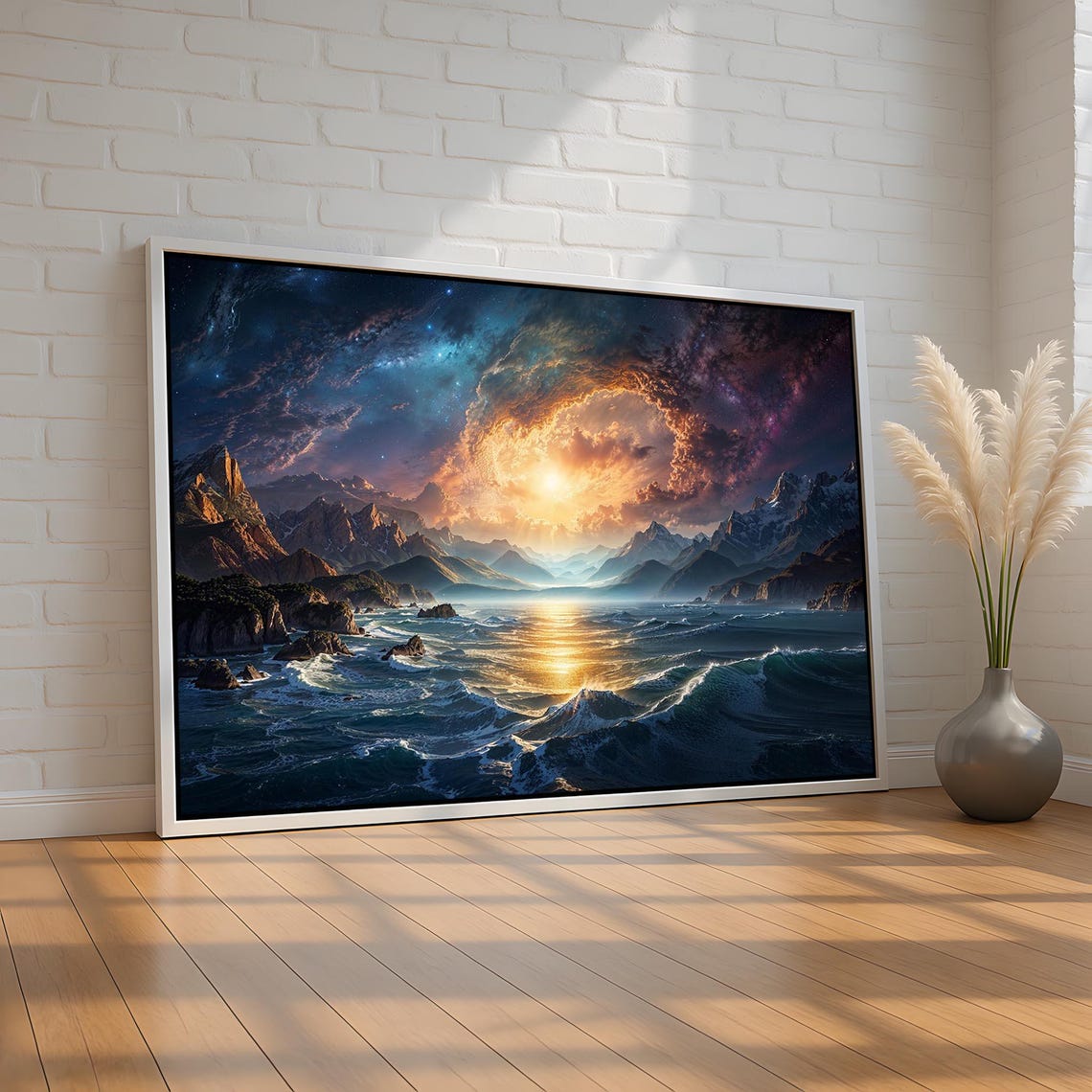 Celestial Ocean Sunset Wall Art Surreal Mountain Seascape Canvas Fantasy Sky Cosmic Decor Unique Gift For Dreamers Ready To Hang