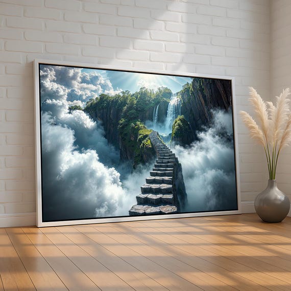 Stairway Through The Clouds Wall Art Surreal Fantasy Path Canvas Print Dreamlike Waterfall Landscape Mystical Escape Decor