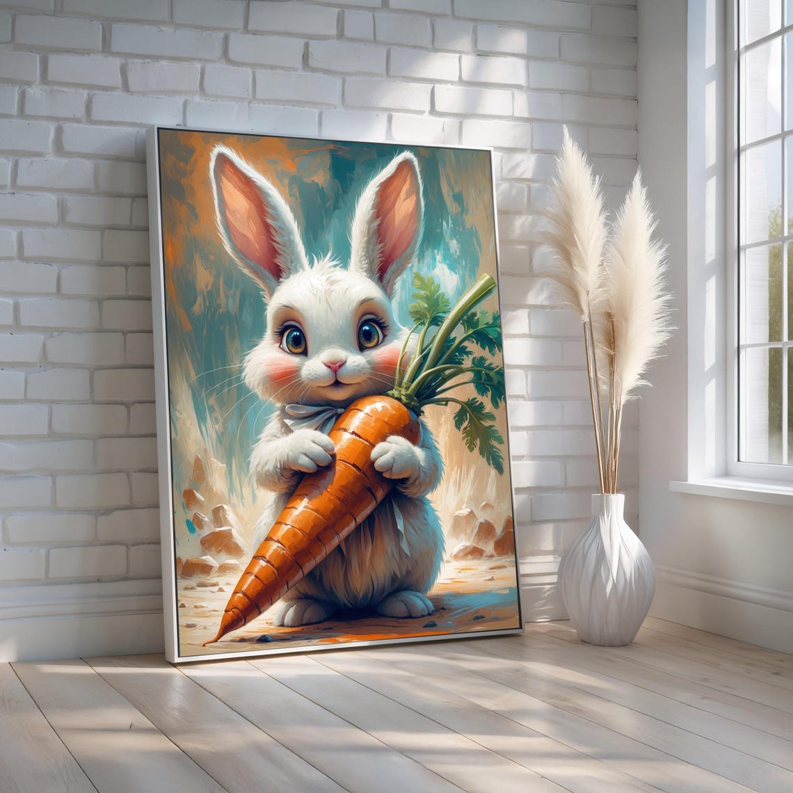 Cute Bunny Holding Giant Carrot Whimsical Nursery Art Poster