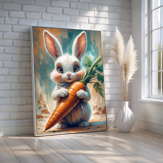 Cute Bunny Holding Giant Carrot Art Whimsical Nursery Animal Print Adorable Rabbit Wall Decor For Kids Room Ready To Hang