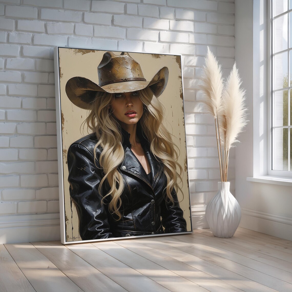 Blonde Cowgirl Leather Jacket Cowboy Hat Western Portrait Poster
