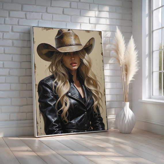 Blonde Cowgirl Leather Jacket Cowboy Hat Western Portrait Poster
