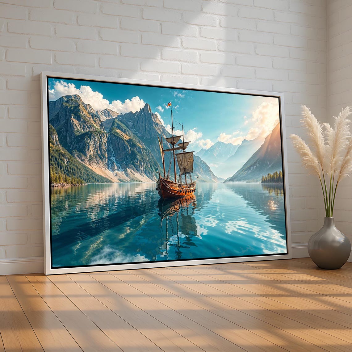 Tall Sailing Ship Mountain Lake Crystal Water Adventure Art Poster