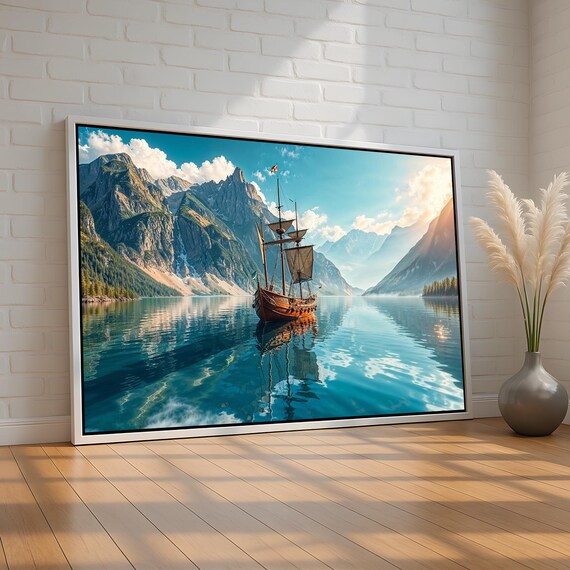 Tall Sailing Ship Mountain Lake Crystal Water Adventure Art Poster