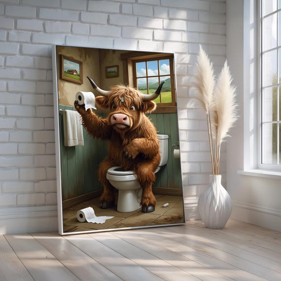 Funny Highland Cow Bathroom Art Quirky Farm Animal Canvas Print Rustic Farmhouse Wall Decor For Toilet Or Guest Bath Ready To Hang