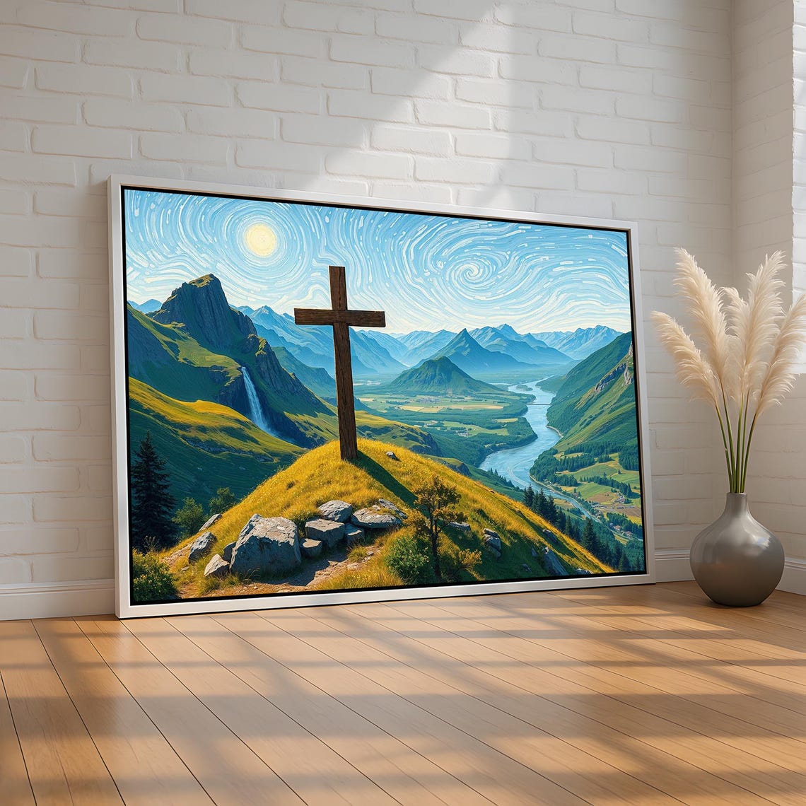 Wooden Cross Mountain Summit Starry Swirl Sky Christian Wall Art