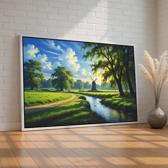 Windmill Countryside Poster Peaceful Farmhouse Landscape Wall Art For Bedroom Or Kitchen Rustic Country River Print Ready To Hang