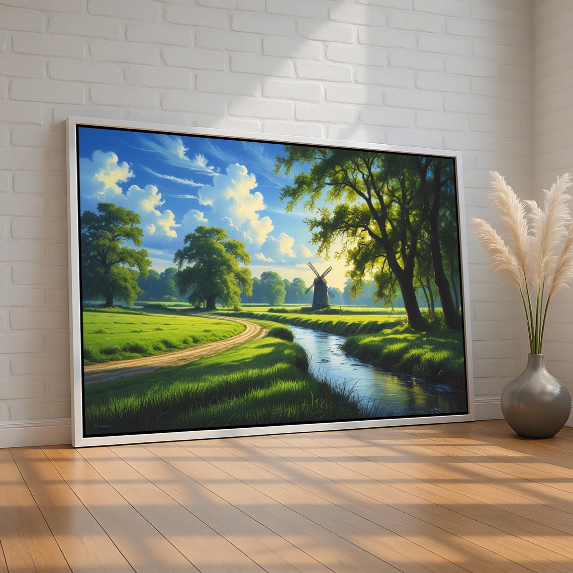 Windmill By A Winding Stream Peaceful Green Countryside Meadow Poster