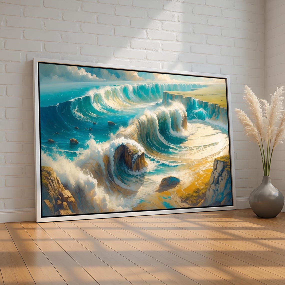 Massive Turquoise Ocean Waves Crashing on Golden Cliffs Poster