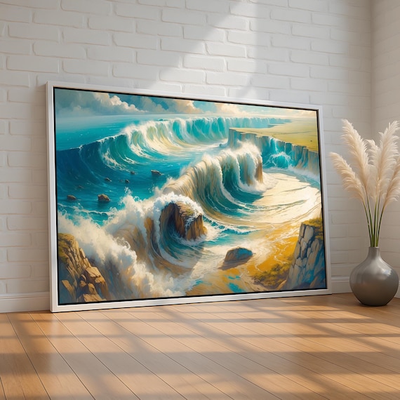 Massive Turquoise Ocean Waves Crashing on Golden Cliffs Poster