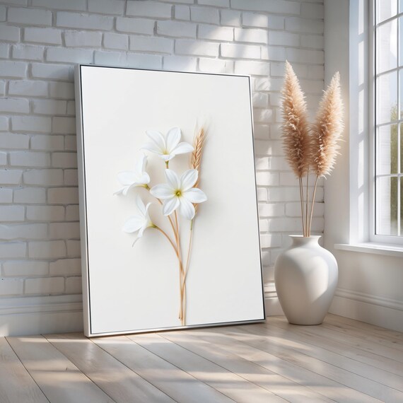 White Flowers Wheat Minimalist Botanical Neutral Modern Wall Art