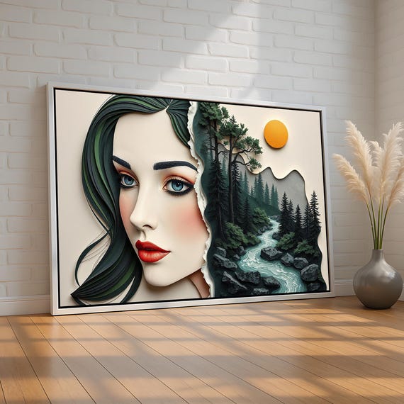 Surreal Woman Forest Portrait Wall Art River Nature Scene Inside Face Mystical Green Landscape Canvas Print Ready To Hang