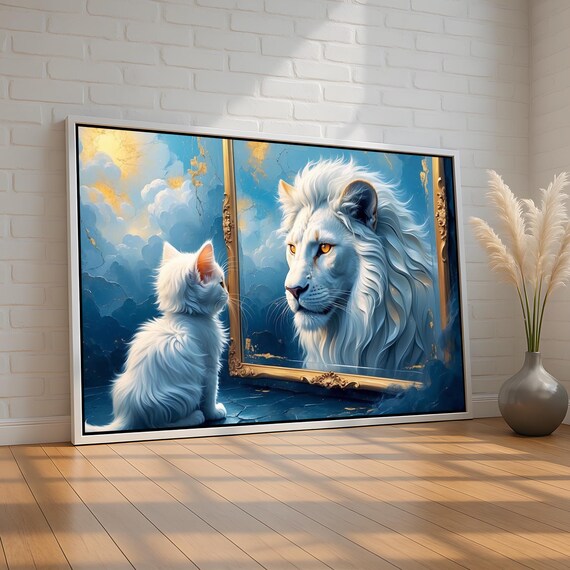 White Kitten Seeing Lion in Mirror Inspirational Self Belief Animal Poster